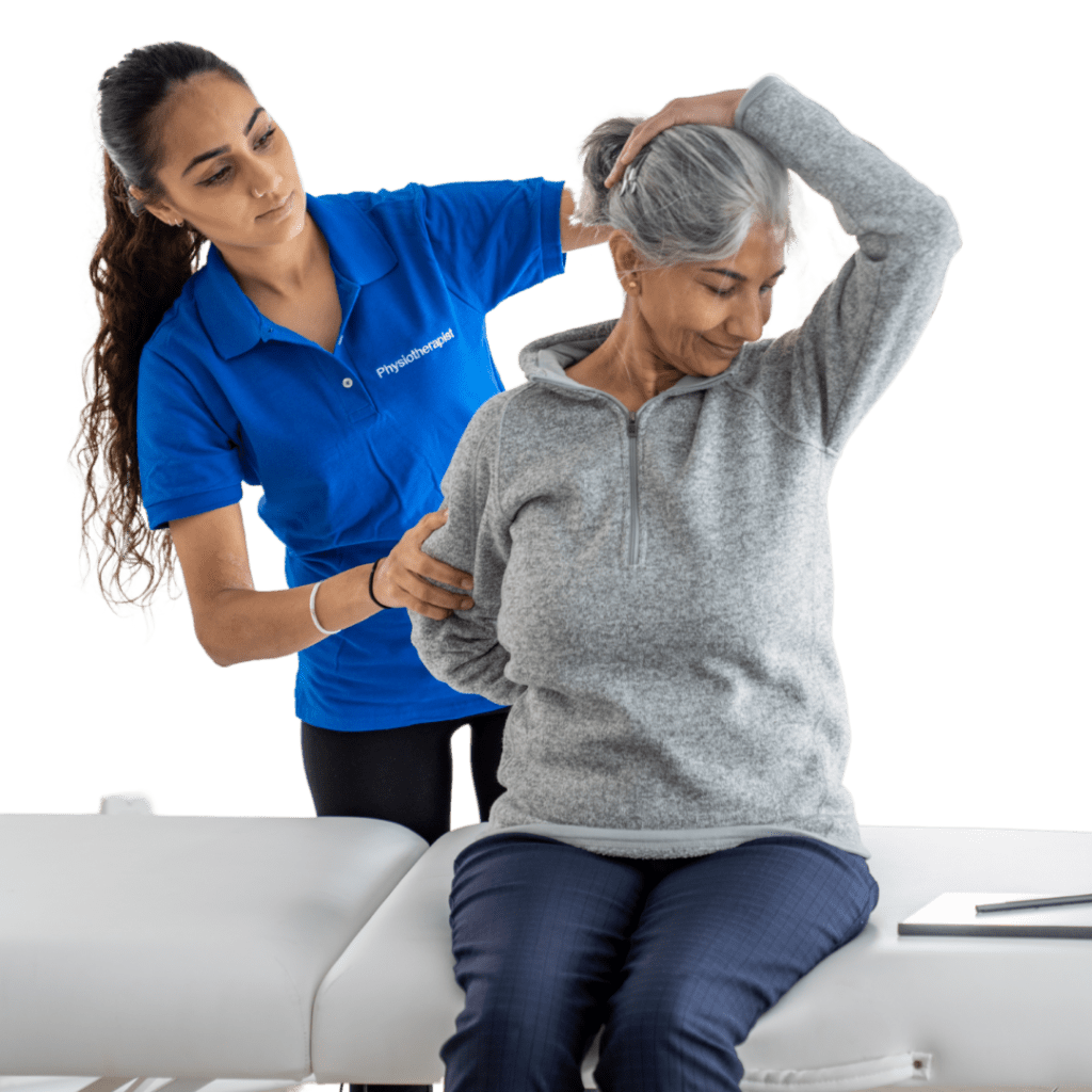 A physiotherapist assisting an old woman with Physiotherapy