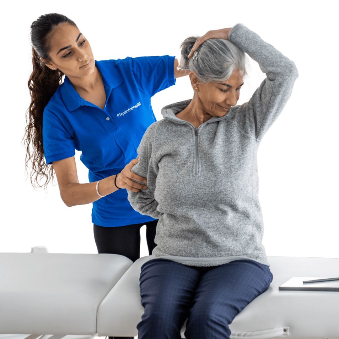 A physiotherapist assisting an old woman with Physiotherapy
